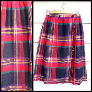 Vintage Pleated Wrap Wool Skirt - XS - Red Plaid